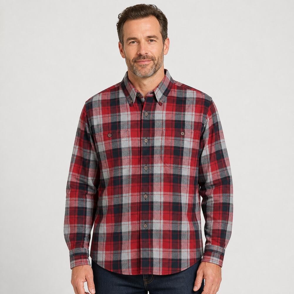 Duluth Shirt Mens L Red Gray Flannel Cotton Plaid Long Sleeve